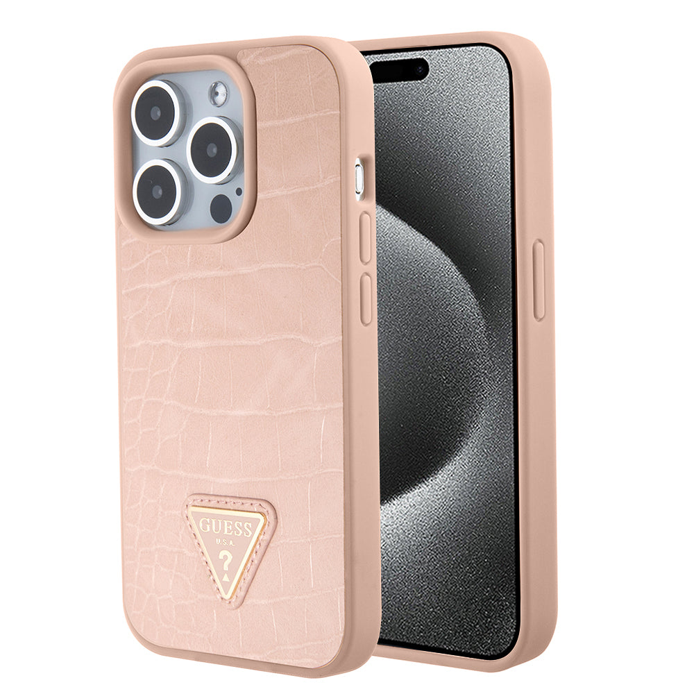 Futrola za Apple iPhone 15 Pro, Guess, Croco Triangle Metal Logo, Roza