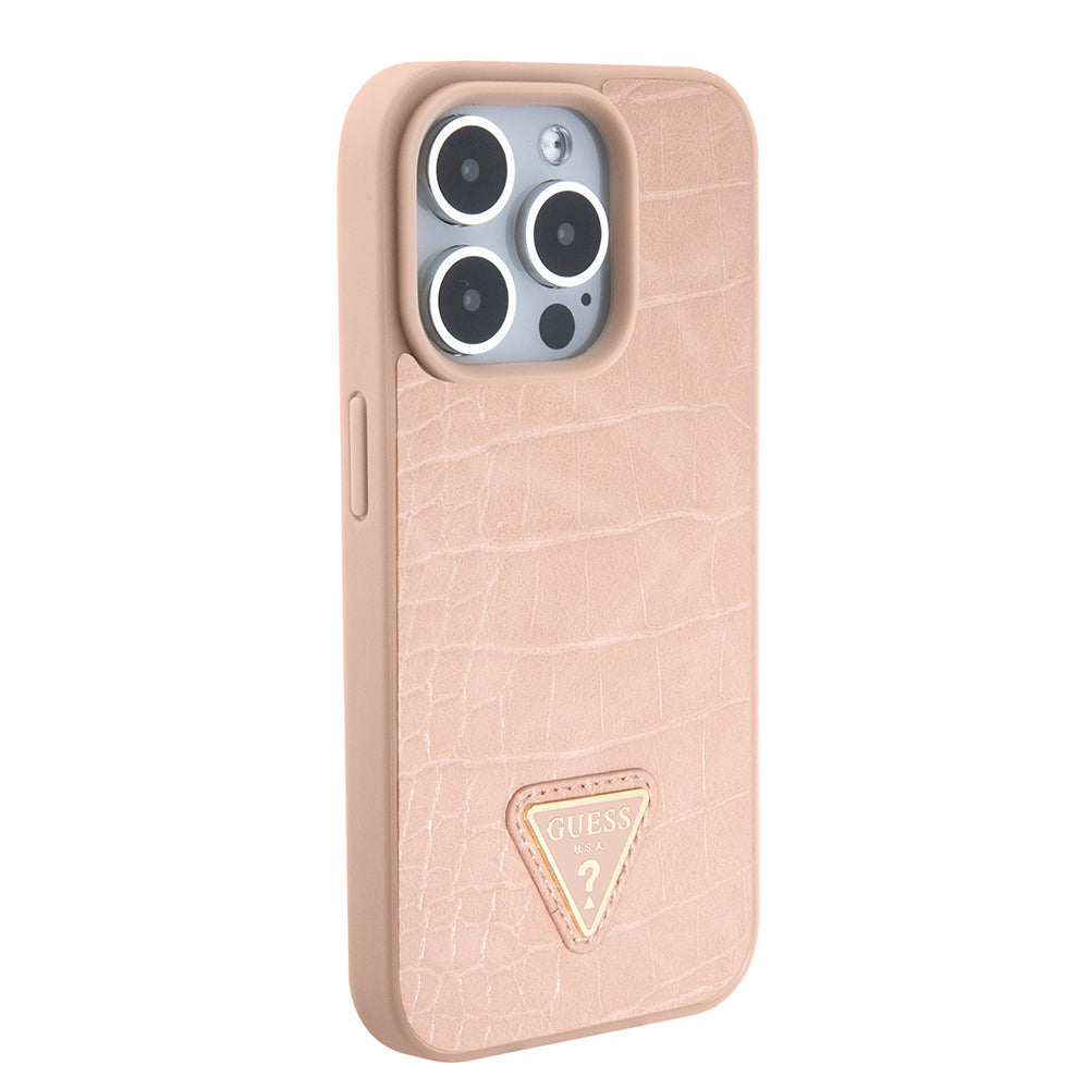 Futrola za Apple iPhone 15 Pro, Guess, Croco Triangle Metal Logo, Roza