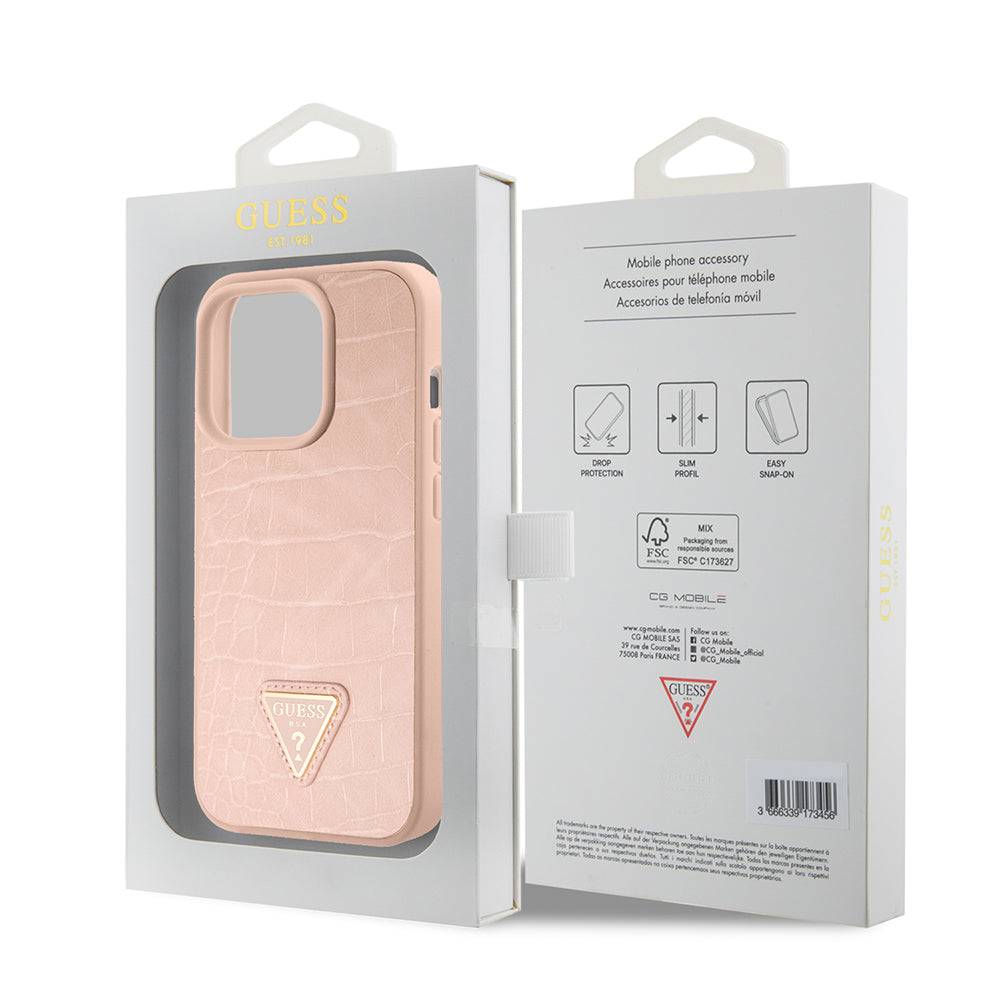Futrola za Apple iPhone 15 Pro, Guess, Croco Triangle Metal Logo, Roza