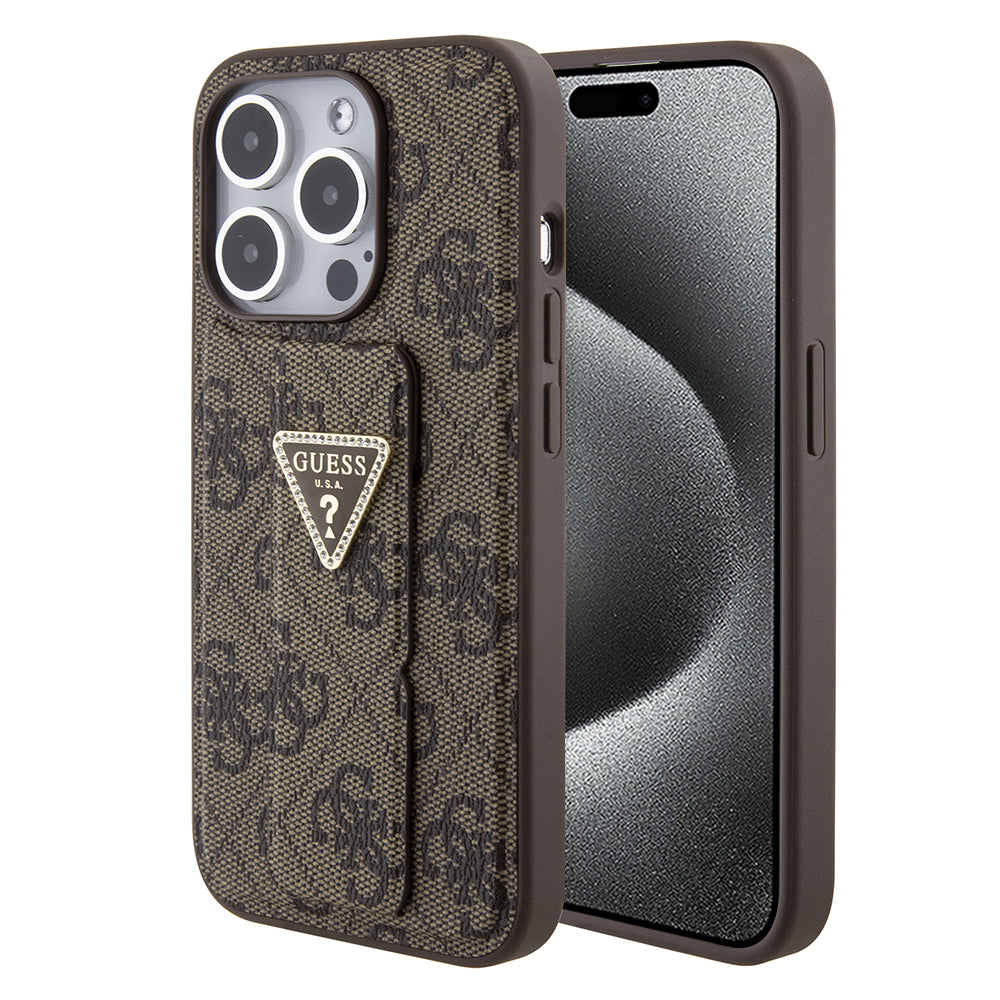 Futrola za Apple iPhone 15 Pro, Guess, Grip Stand 4G Triangle Strass, Smeđa