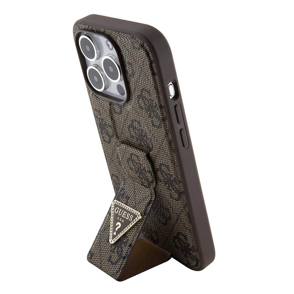 Futrola za Apple iPhone 15 Pro, Guess, Grip Stand 4G Triangle Strass, Smeđa