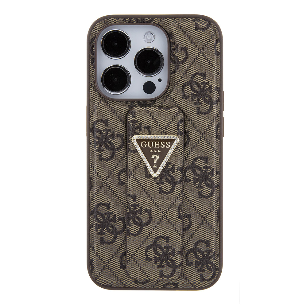 Futrola za Apple iPhone 15 Pro, Guess, Grip Stand 4G Triangle Strass, Smeđa