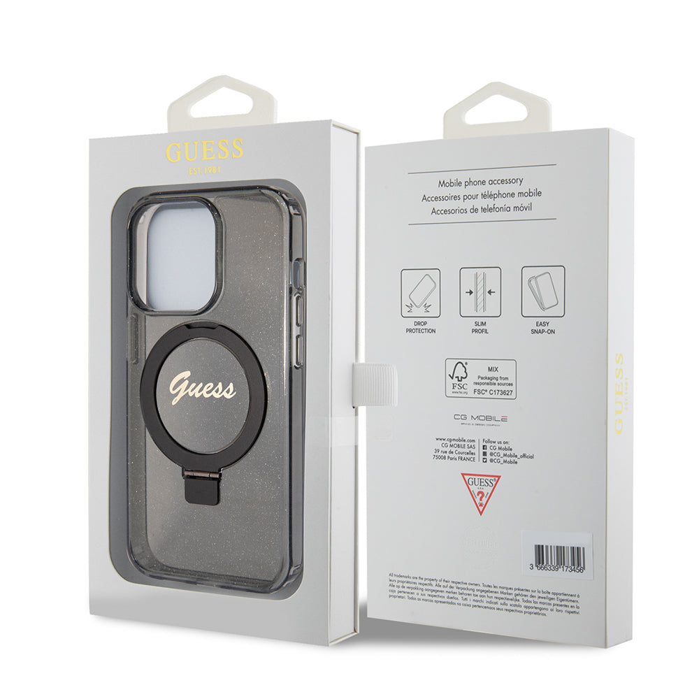 Futrola MagSafe za Apple iPhone 15 Pro, Guess, IML Ring Stand Glitter, Crna