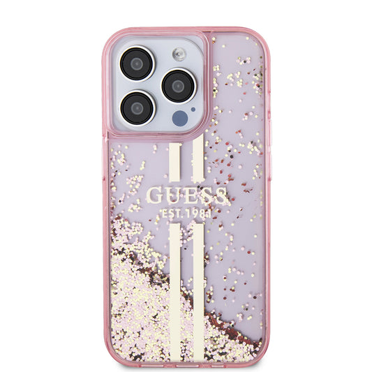 Futrola za Apple iPhone 15 Pro, Guess, Liquid Glitter Gold Stripes, Roza
