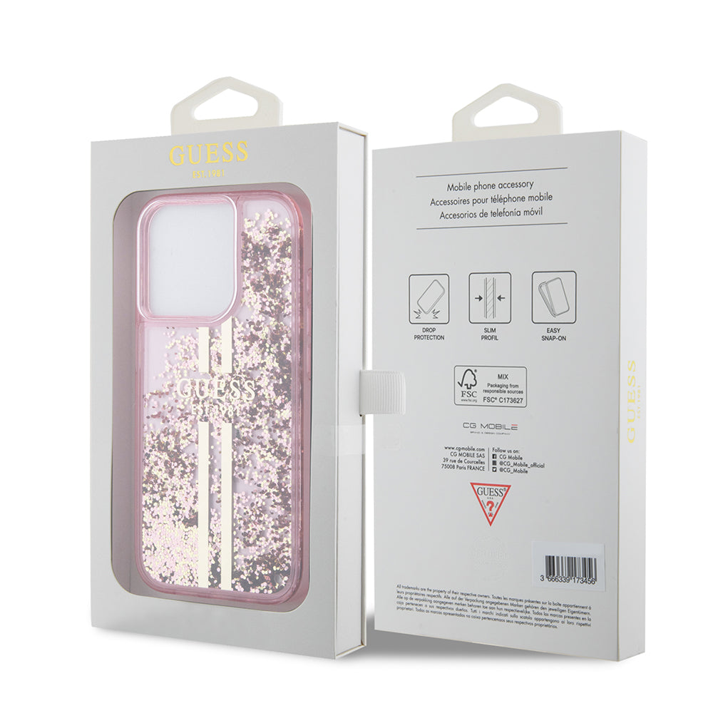 Futrola za Apple iPhone 15 Pro, Guess, Liquid Glitter Gold Stripes, Roza
