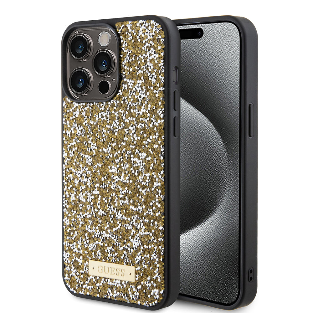 Futrola za Apple iPhone 15 Pro, Guess, Rhinestone Metal Logo, Žuta