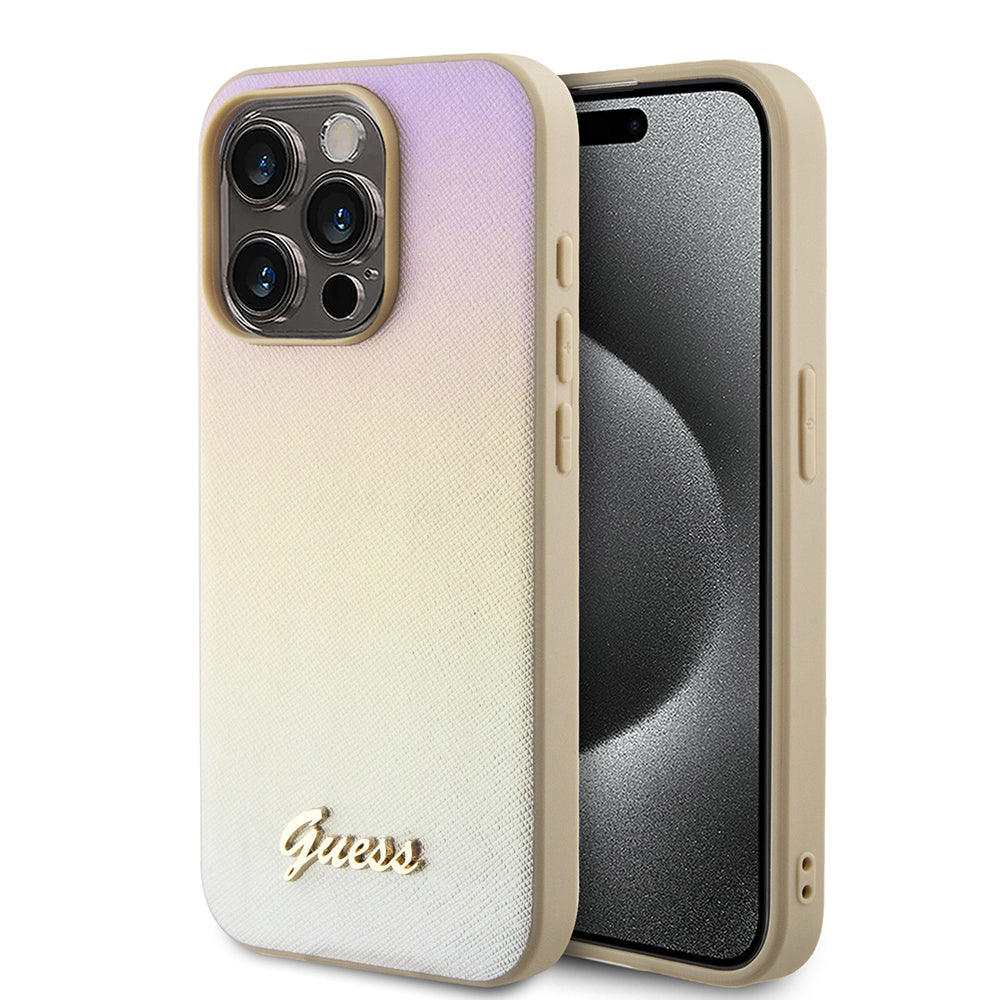 Futrola za Apple iPhone 15 Pro, Guess, Saffiano Iridescent Script, Zlatna