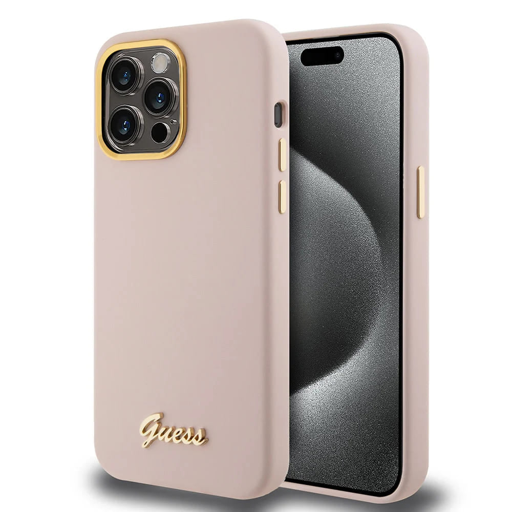 Futrola za Apple iPhone 15 Pro, Guess, Script Metal Logo & Frame, Svijetlo roza