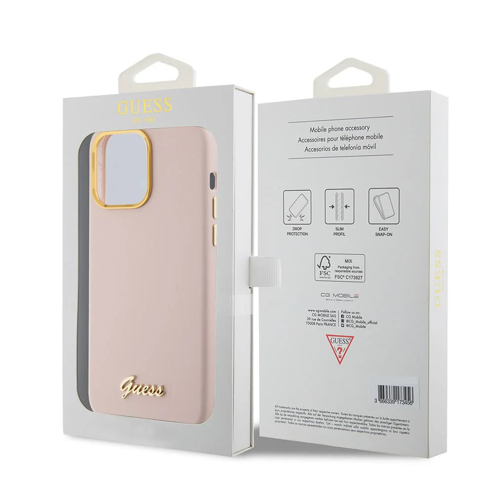 Futrola za Apple iPhone 15 Pro, Guess, Script Metal Logo & Frame, Svijetlo roza