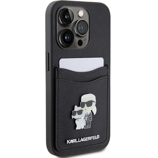 Futrola za Apple iPhone 15 Pro, Karl Lagerfeld, Saffiano Card Slot Metal Karl & Choupette, Crna