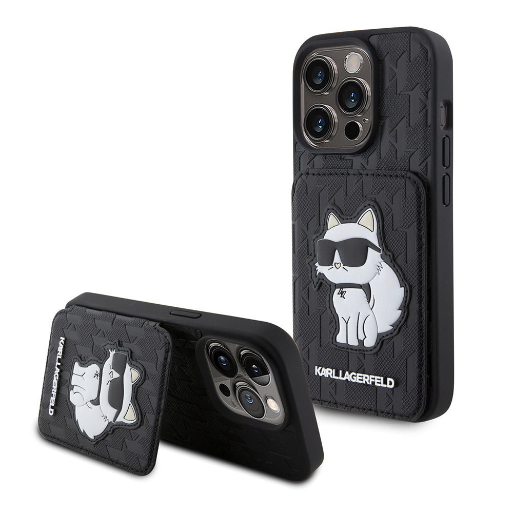 Futrola za Apple iPhone 15 Pro, Karl Lagerfeld, Saffiano Cardslots and Stand Monogram Choupette, Crna