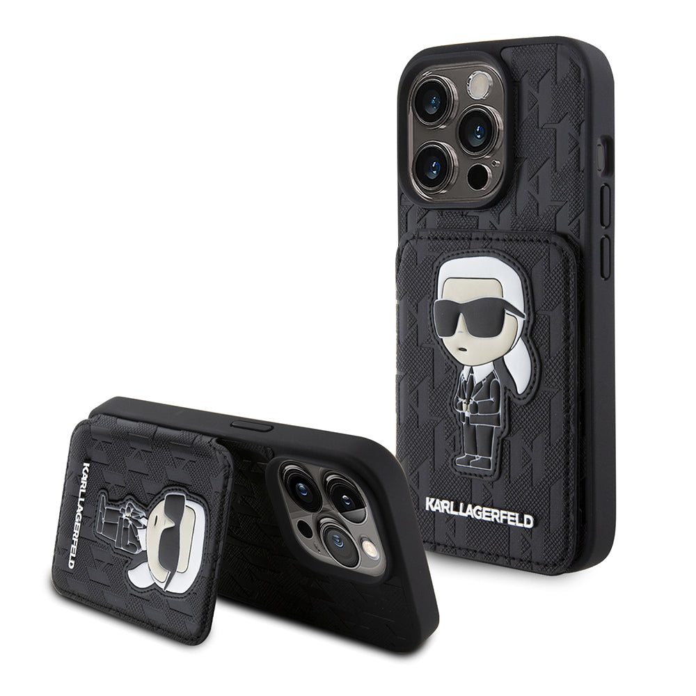 Futrola za Apple iPhone 15 Pro, Karl Lagerfeld, Saffiano Cardslots and Stand Monogram Ikonik Karl, Crna