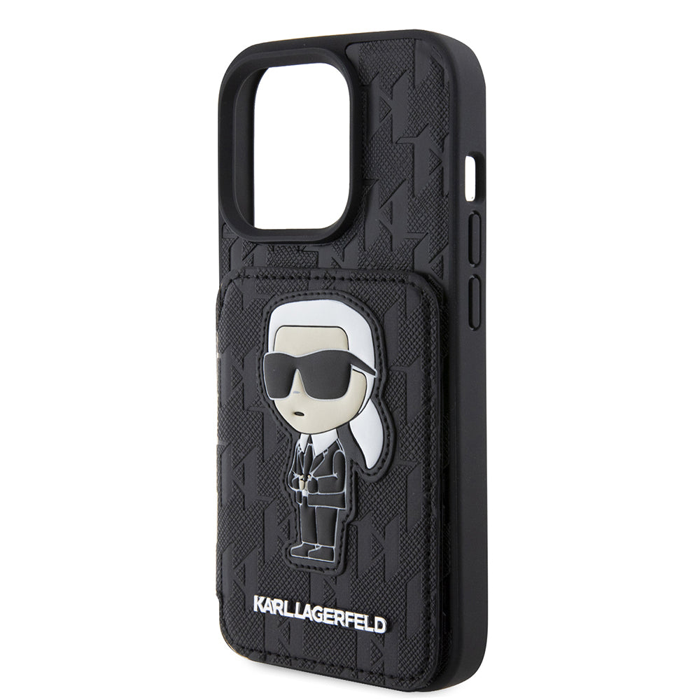Futrola za Apple iPhone 15 Pro, Karl Lagerfeld, Saffiano Cardslots and Stand Monogram Ikonik Karl, Crna