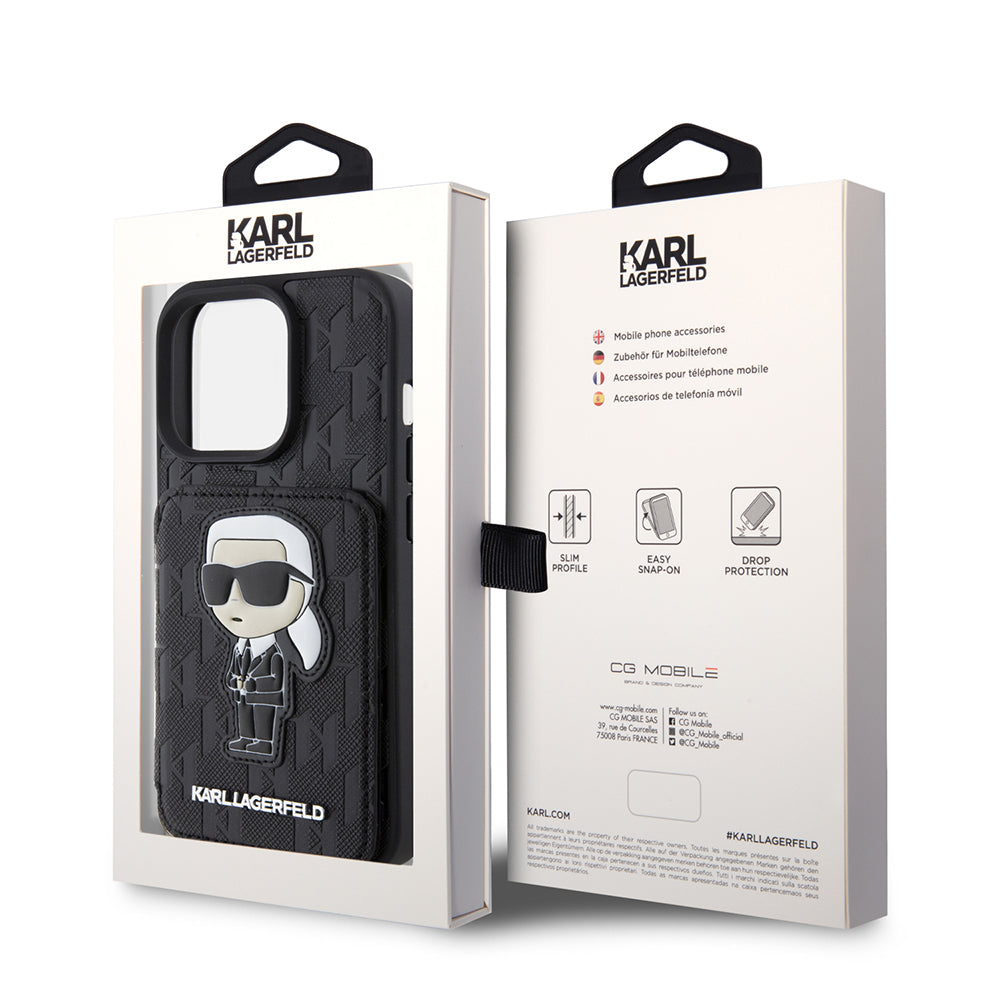 Futrola za Apple iPhone 15 Pro, Karl Lagerfeld, Saffiano Cardslots and Stand Monogram Ikonik Karl, Crna