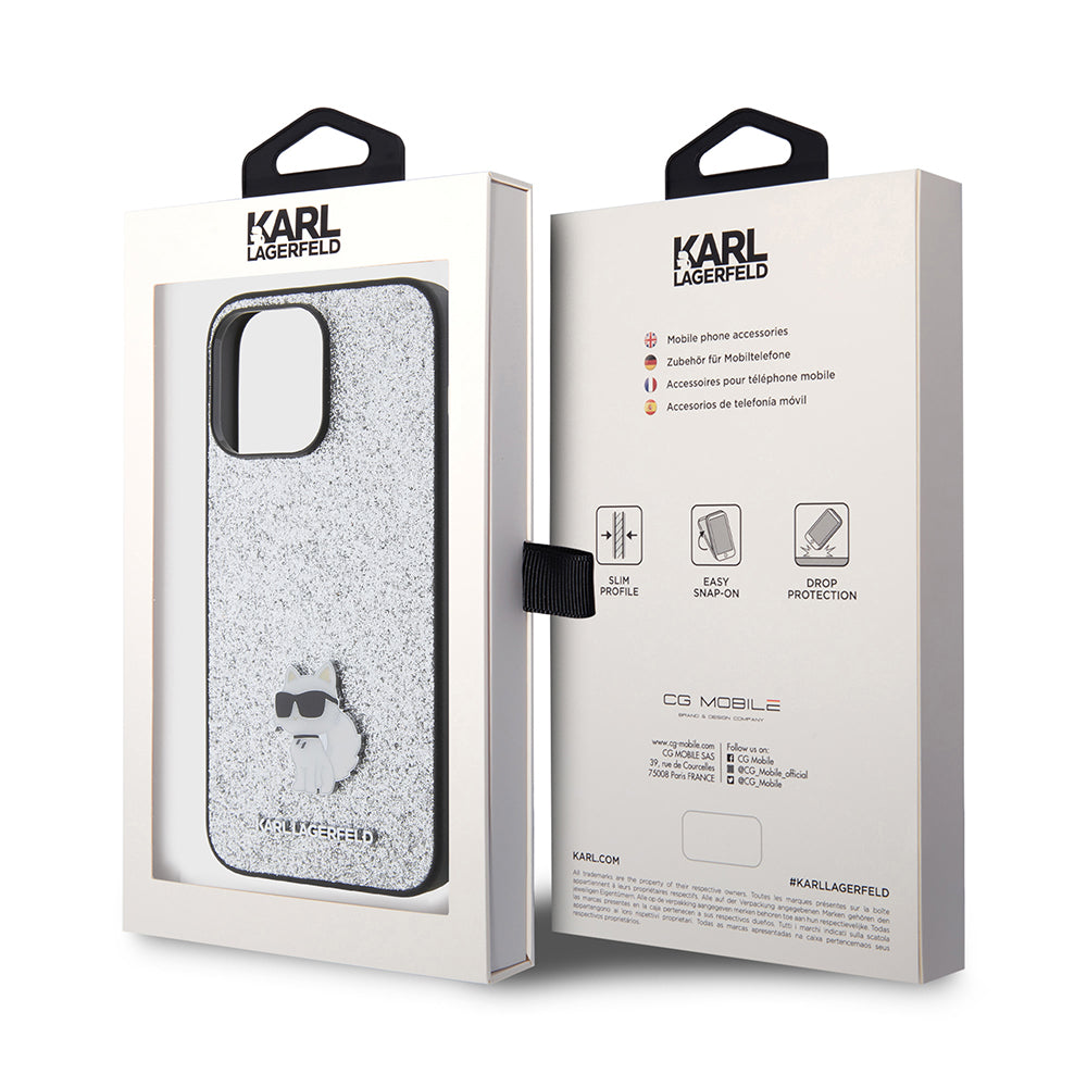 Futrola za Apple iPhone 15 Pro Max, Karl Lagerfeld, Glitter Fixed Choupette Logo, Srebrna