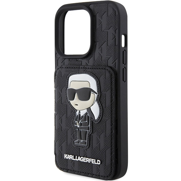 Futrola za Apple iPhone 15 Pro Max, Karl Lagerfeld, Saffiano Cardslots and Stand Monogram Ikonik Karl, Crna