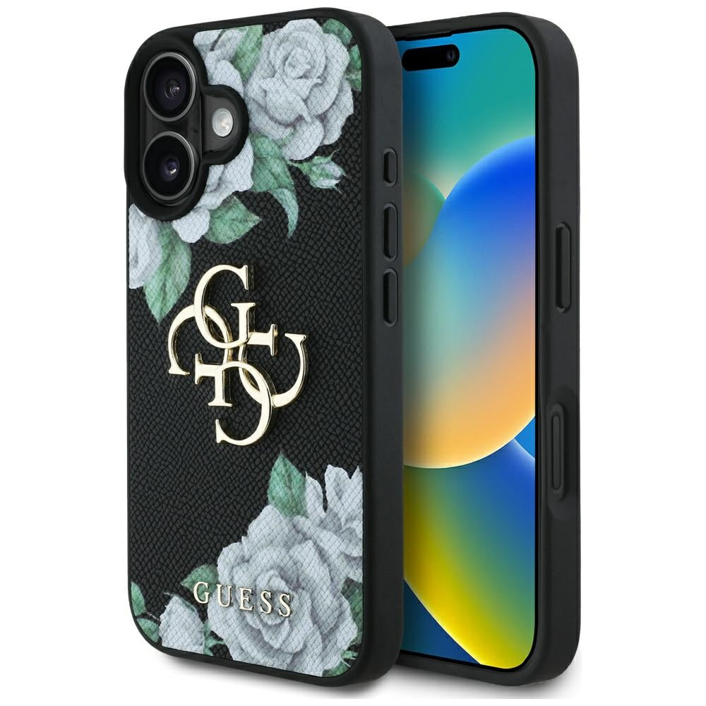 Futrola za Apple iPhone 16, Guess, 4G Grained Roses Big Logo, Crna