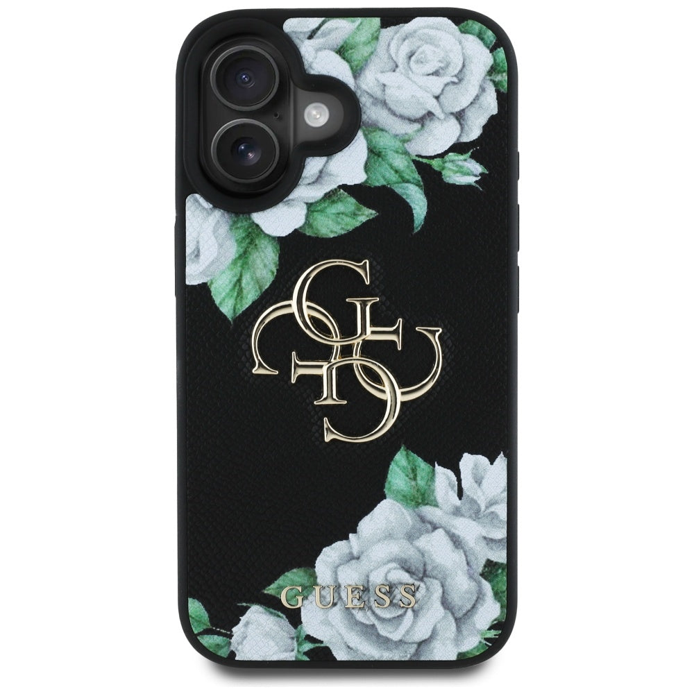 Futrola za Apple iPhone 16, Guess, 4G Grained Roses Big Logo, Crna