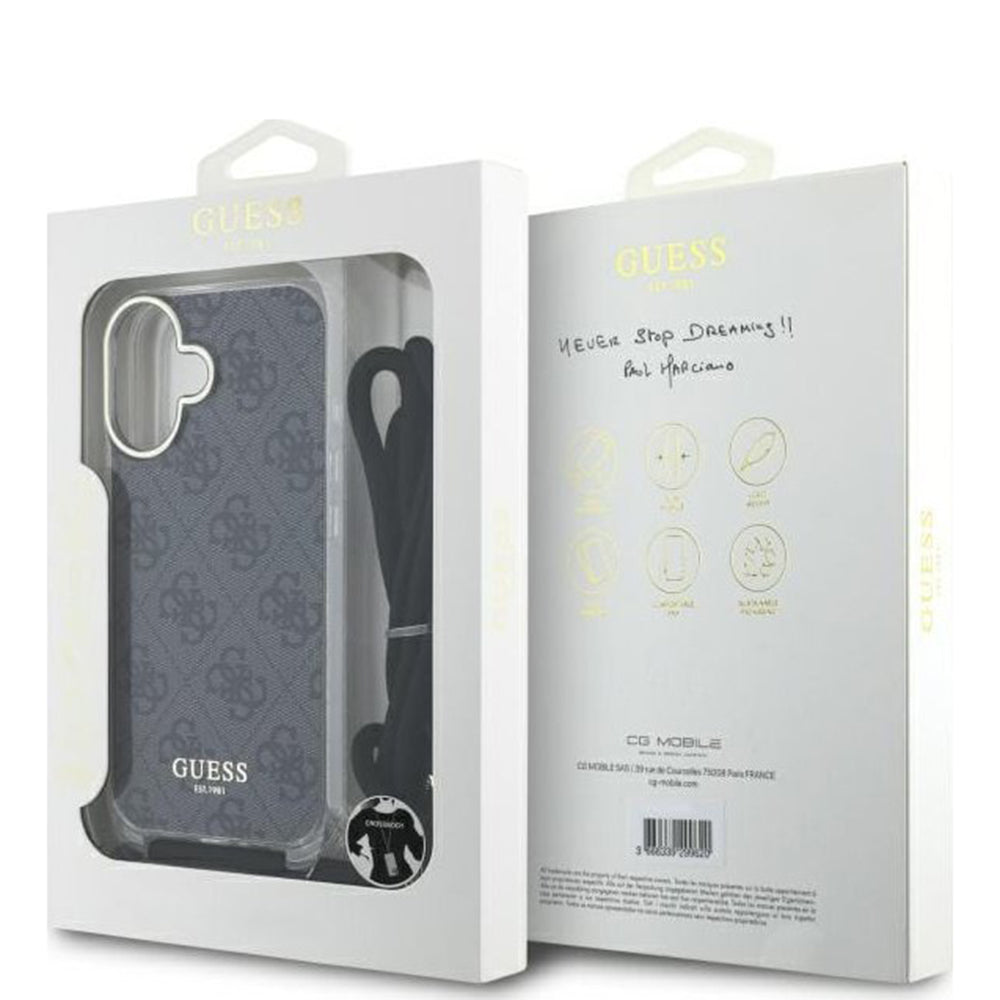 Futrola za Apple iPhone 16, Guess, Crossbody Cord 4G Print, Crna