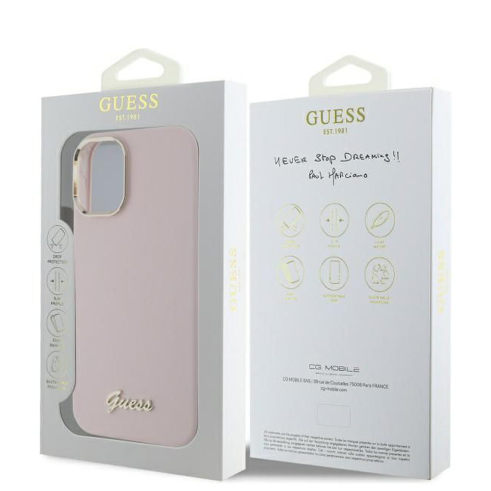Futrola za Apple iPhone 16, Guess, Script Metal Logo & Frame, Roza