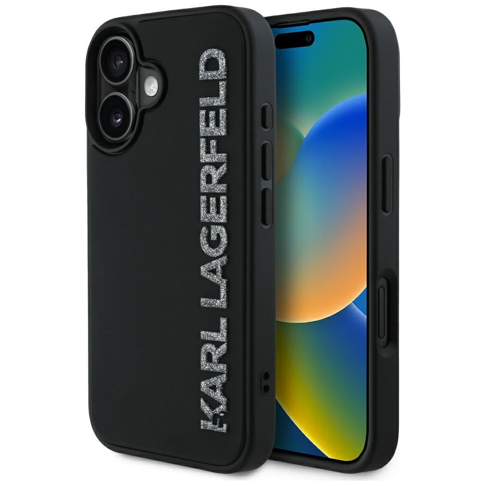 Futrola za Apple iPhone 16, Karl Lagerfeld, 3D Rubber Elongated Gliiter Logo, Crna