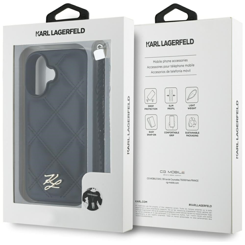 Futrola za Apple iPhone 16, Karl Lagerfeld, Quilted Initial Logo & Chain Strap, Crna