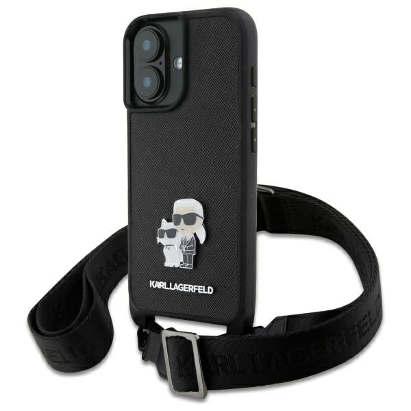 Futrola za Apple iPhone 16, Karl Lagerfeld, Saffiano Crossbody Metal Pin Karl & Choupette, Bijela