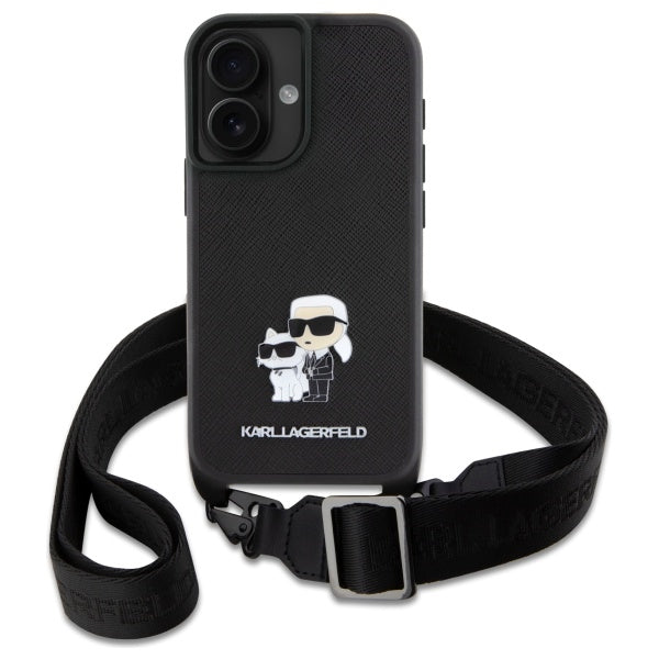 Futrola za Apple iPhone 16, Karl Lagerfeld, Saffiano Crossbody Metal Pin Karl & Choupette, Bijela