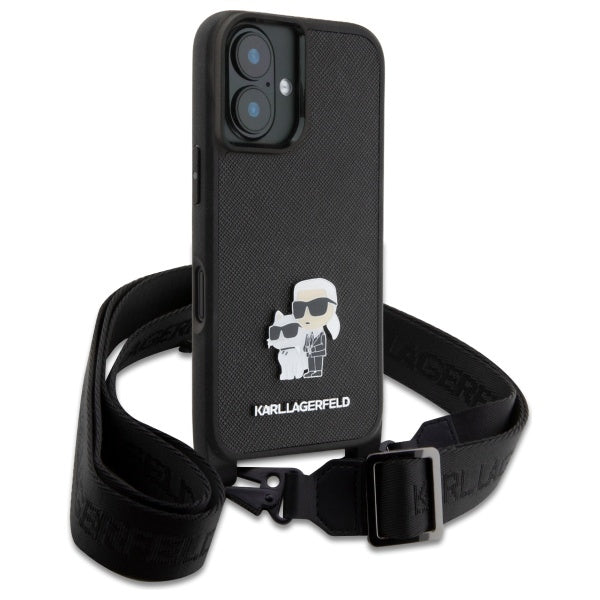 Futrola za Apple iPhone 16, Karl Lagerfeld, Saffiano Crossbody Metal Pin Karl & Choupette, Bijela