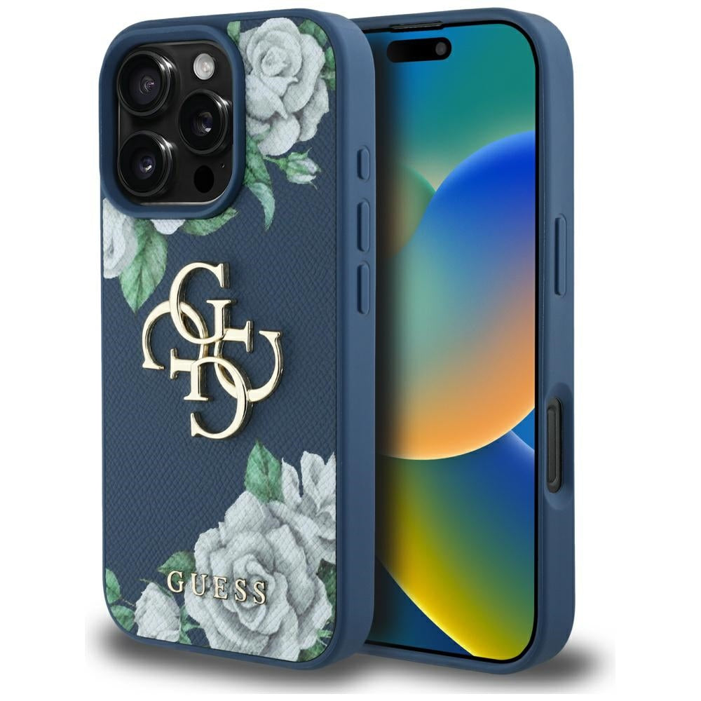 Futrola za Apple iPhone 16 Pro, Guess, 4G Grained Roses Big Logo, Plava