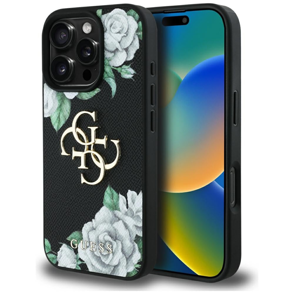 Futrola za Apple iPhone 16 Pro, Guess, 4G Grained Roses Big Logo, Crna