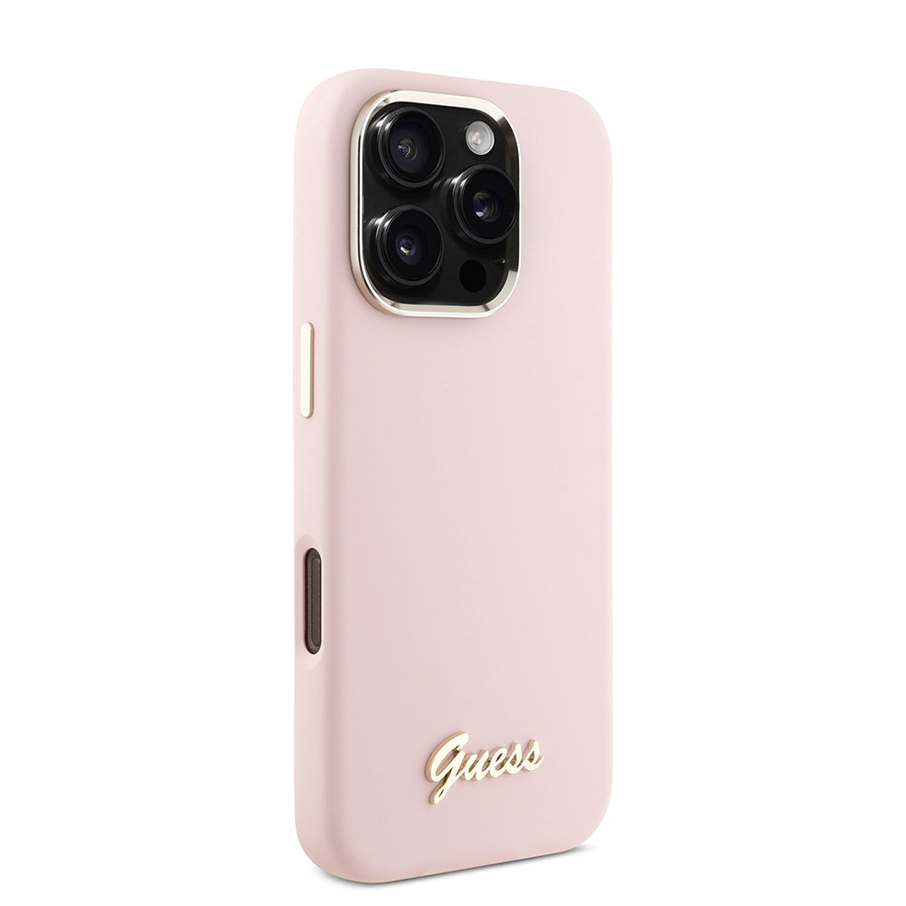 Futrola za Apple iPhone 16 Pro, Guess, Script Metal Logo & Frame, Roza