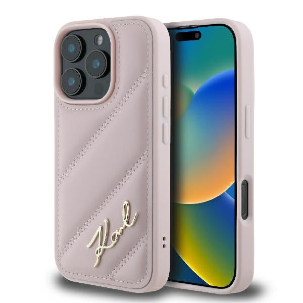 Futrola za Apple iPhone 16 Pro, Karl Lagerfeld, Diagonal Quilted Script, Roza