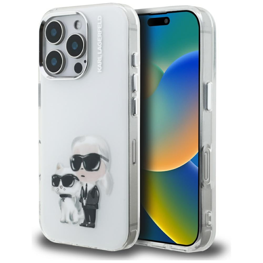 Futrola za Apple iPhone 16 Pro, Karl Lagerfeld, IML Aquarelle Logo Karl & Choupette, Bijela
