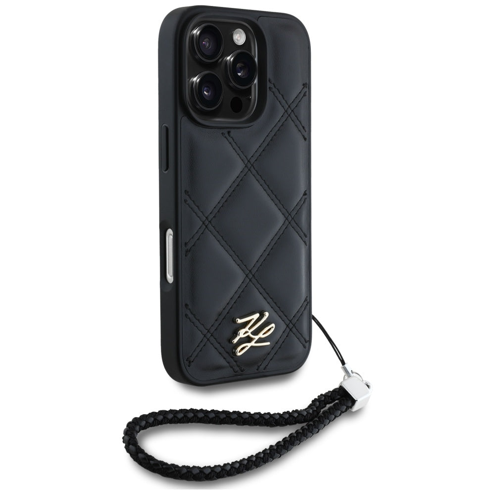 Futrola za Apple iPhone 16 Pro, Karl Lagerfeld, Quilted Initial Logo & Chain Strap, Crna