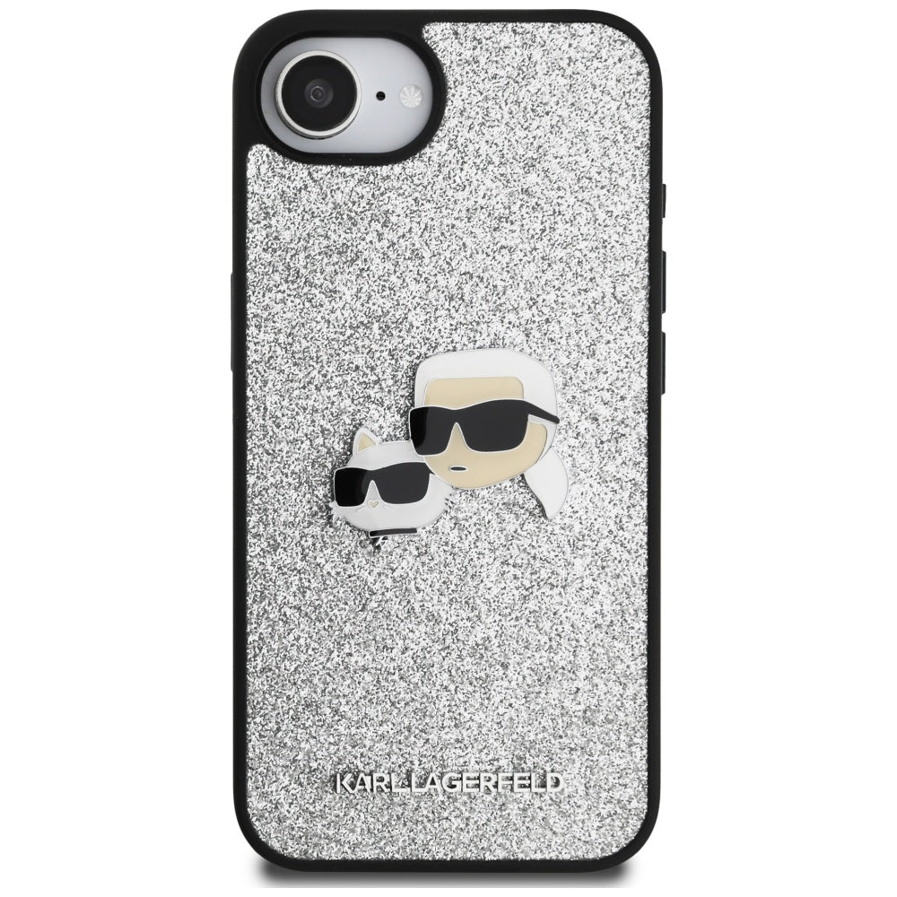 Futrola za Apple iPhone 17e / 16e, Karl Lagerfeld, Glitter Fixed Karl & Choupette's Heads, Srebrna
