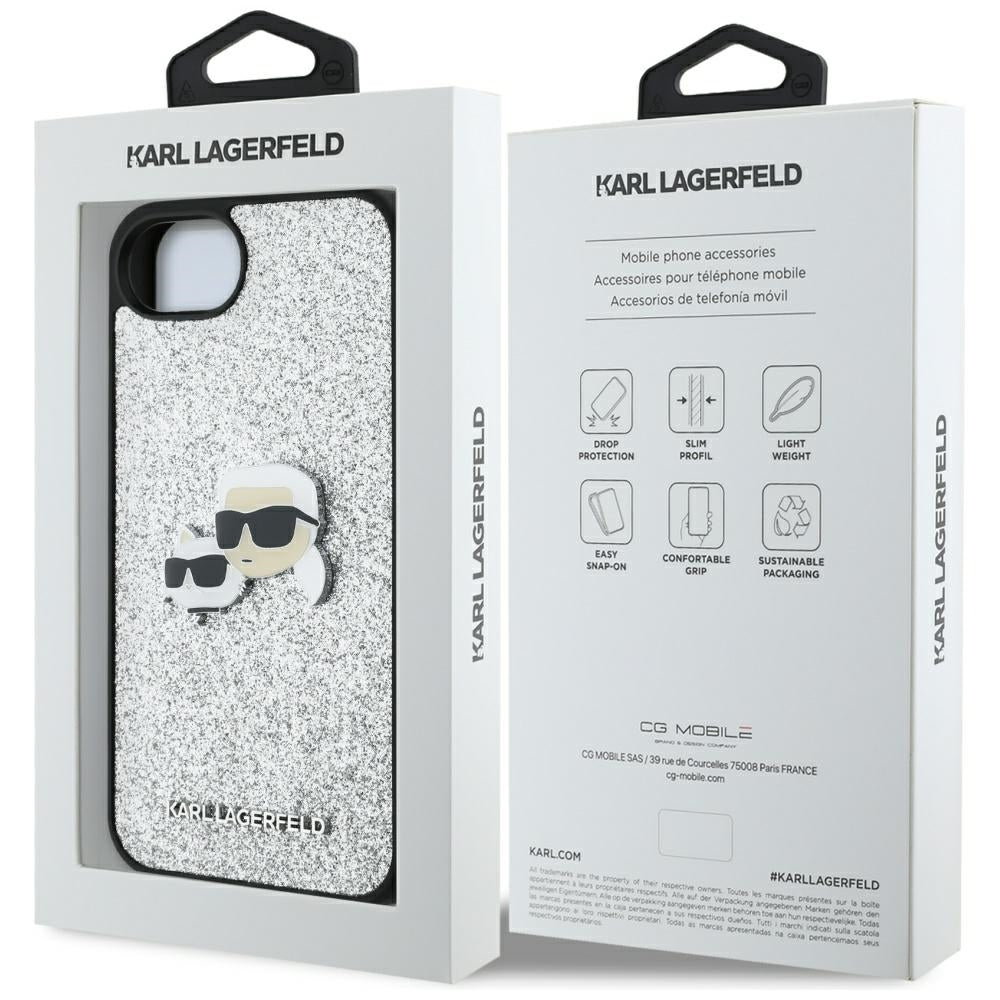 Futrola za Apple iPhone 17e / 16e, Karl Lagerfeld, Glitter Fixed Karl & Choupette's Heads, Srebrna