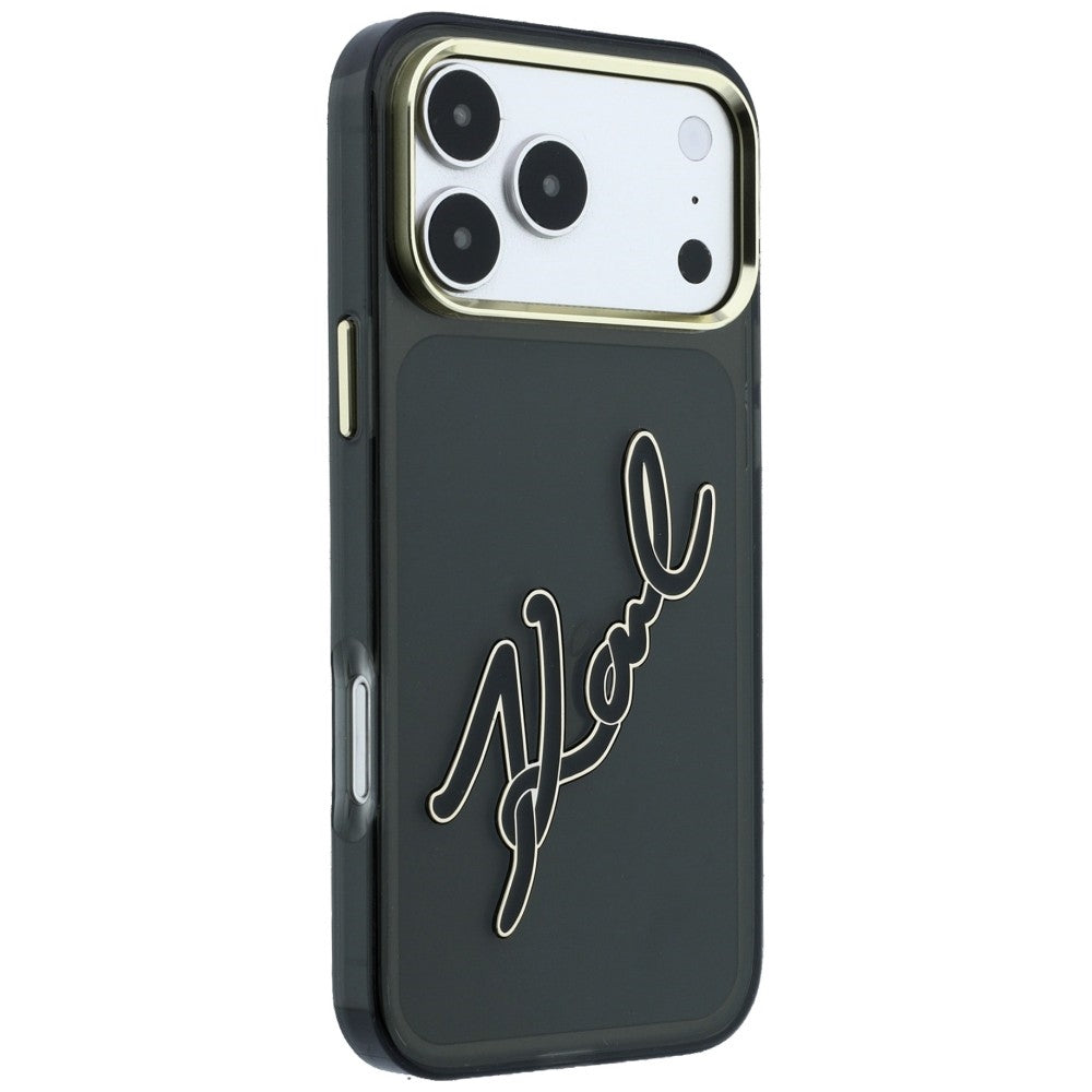 Maska za Apple iPhone 18 Pro / 17 Pro, Karl Lagerfeld, IML Big Signature Resin Logo and Metal Frame, Crna