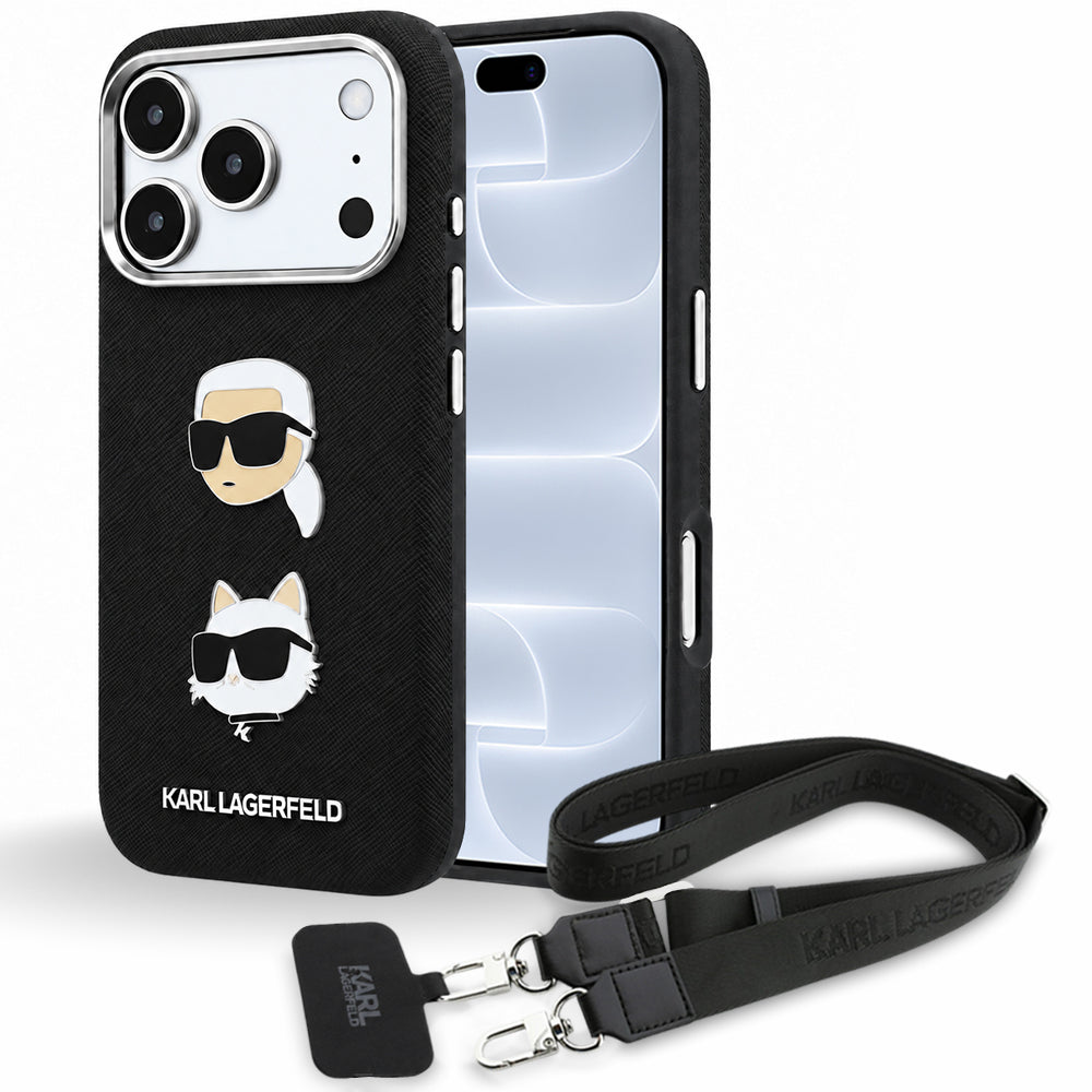 Maska za Apple iPhone 18 Pro / 17 Pro, Karl Lagerfeld, Saffiano Crossbody Karl & Choupette Head's Pins Logo, crna