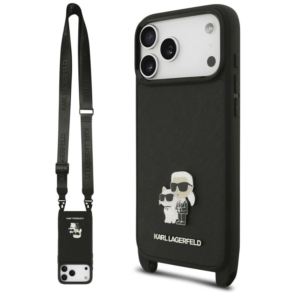 Maskica za Apple iPhone 18 Pro / 17 Pro, Karl Lagerfeld, Saffiano Crossbody Metal Pin Karl & Choupette, crna