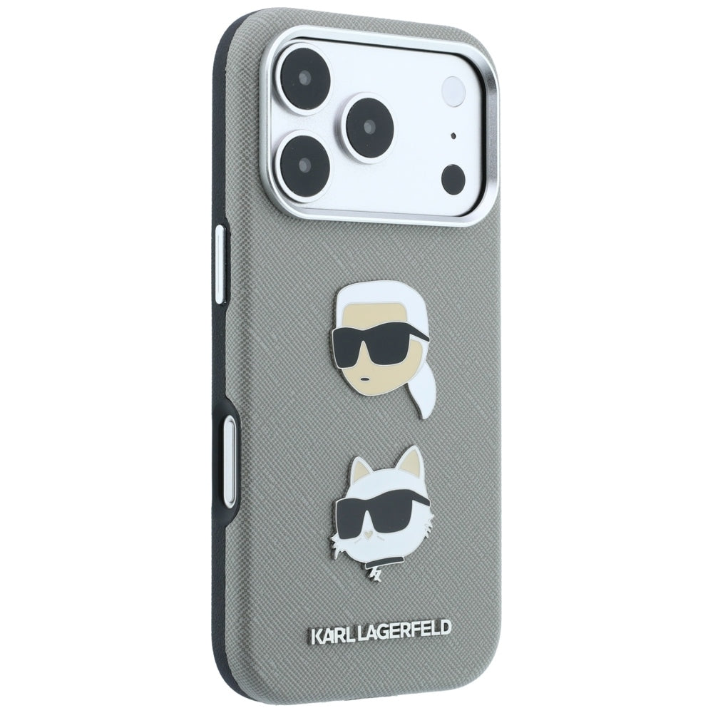 Maska za Apple iPhone 18 Pro / 17 Pro, Karl Lagerfeld, Saffiano s pribadačom s glavama Karla i Choupette te logotipom, siva