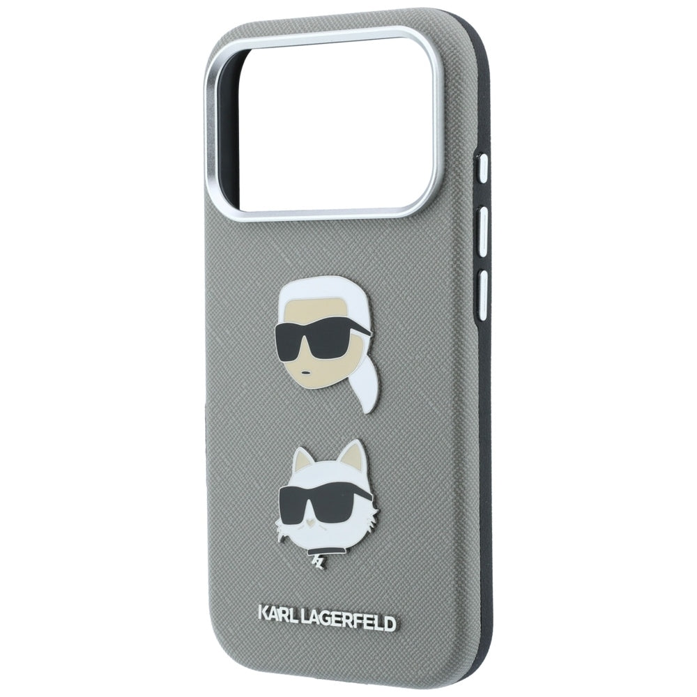 Maska za Apple iPhone 18 Pro / 17 Pro, Karl Lagerfeld, Saffiano s pribadačom s glavama Karla i Choupette te logotipom, siva