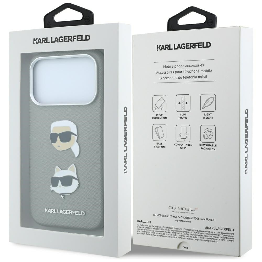 Maska za Apple iPhone 18 Pro / 17 Pro, Karl Lagerfeld, Saffiano s pribadačom s glavama Karla i Choupette te logotipom, siva