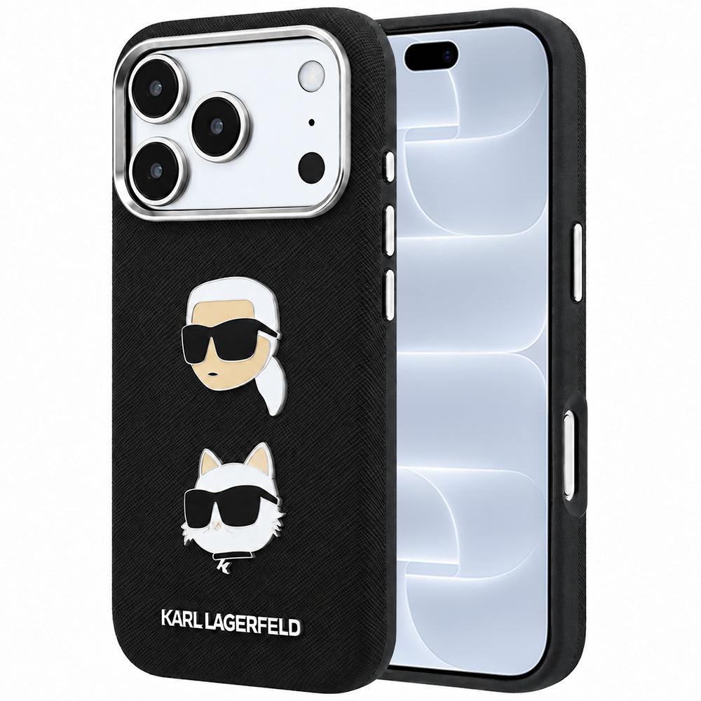 Maskica za Apple iPhone 18 Pro / 17 Pro, Karl Lagerfeld, Saffiano s pribadačom s glavama Karla i Choupette te logotipom, crna