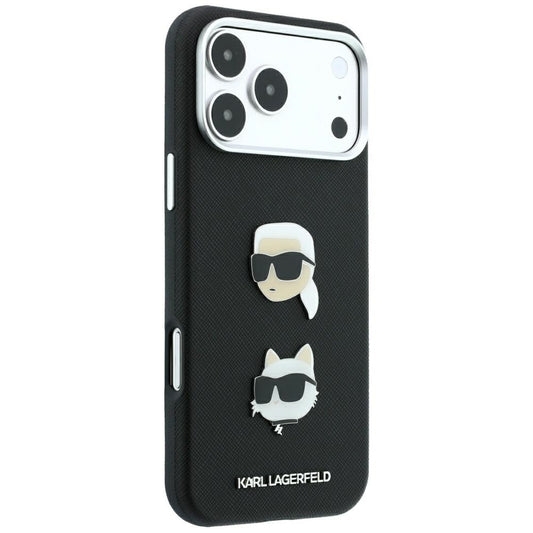 Maskica za Apple iPhone 18 Pro / 17 Pro, Karl Lagerfeld, Saffiano s pribadačom s glavama Karla i Choupette te logotipom, crna