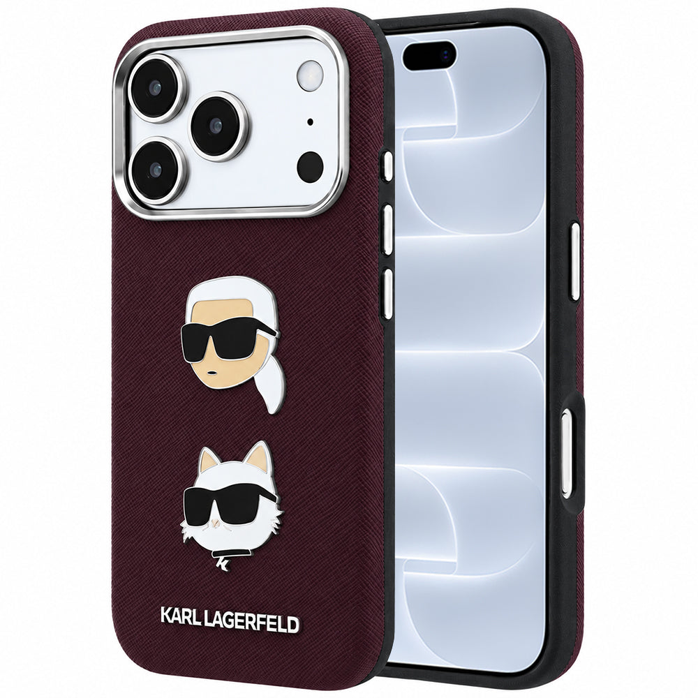Maska za Apple iPhone 18 Pro / 17 Pro, Karl Lagerfeld, Saffiano s Karl & Choupette glavom i logotipom, tamnocrvena