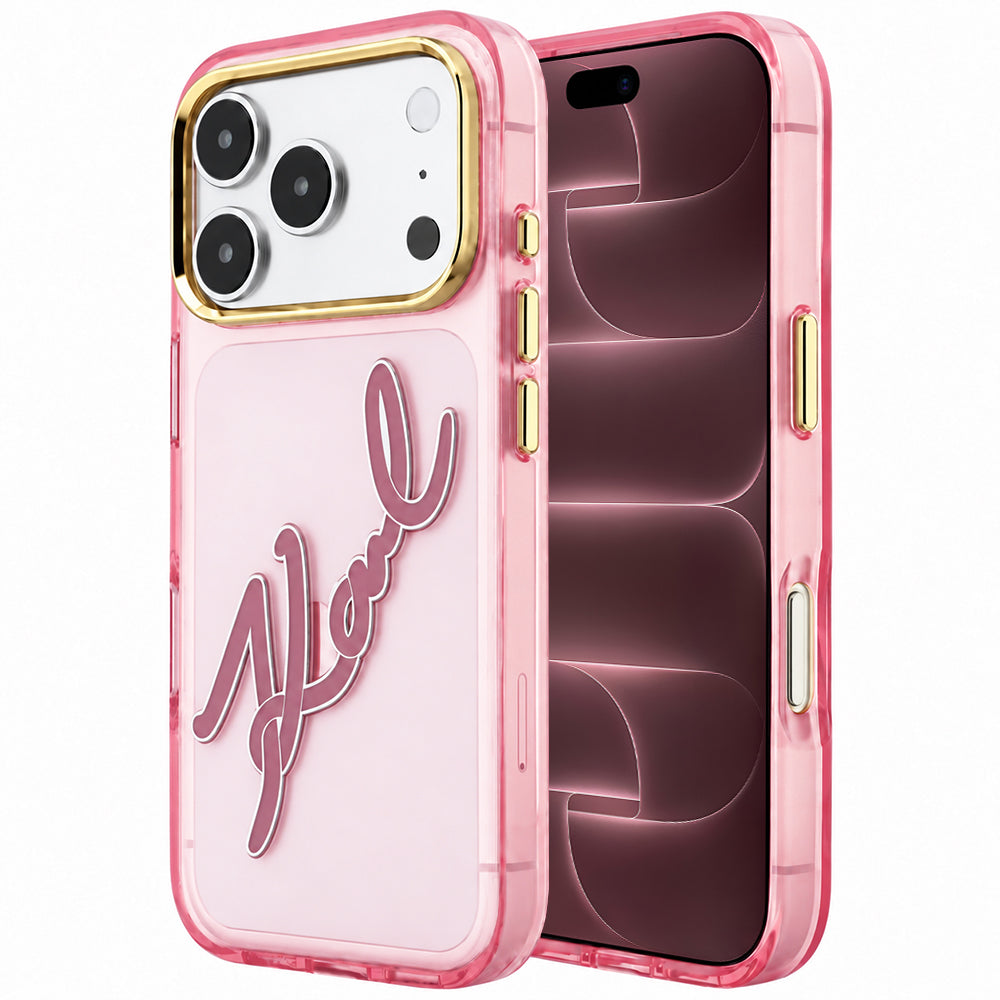 Maska za Apple iPhone 18 Pro Max / 17 Pro Max, Karl Lagerfeld, IML Big Signature Resin Logo Metal Frame, Roza