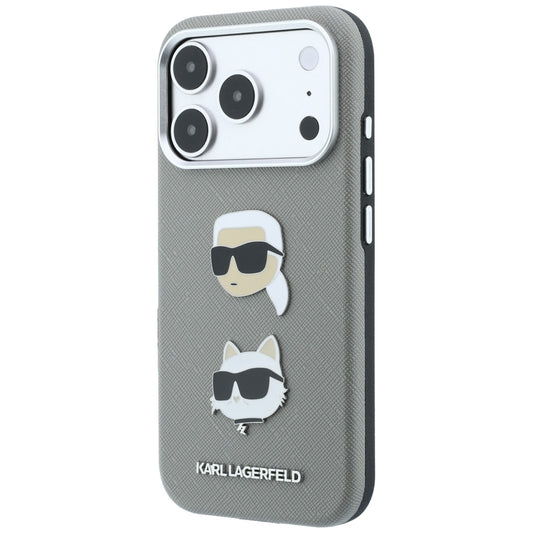 Maska za Apple iPhone 18 Pro Max / 17 Pro Max, Karl Lagerfeld, Saffiano s pribadačom s glavama Karla i Choupette te logotipom, siva