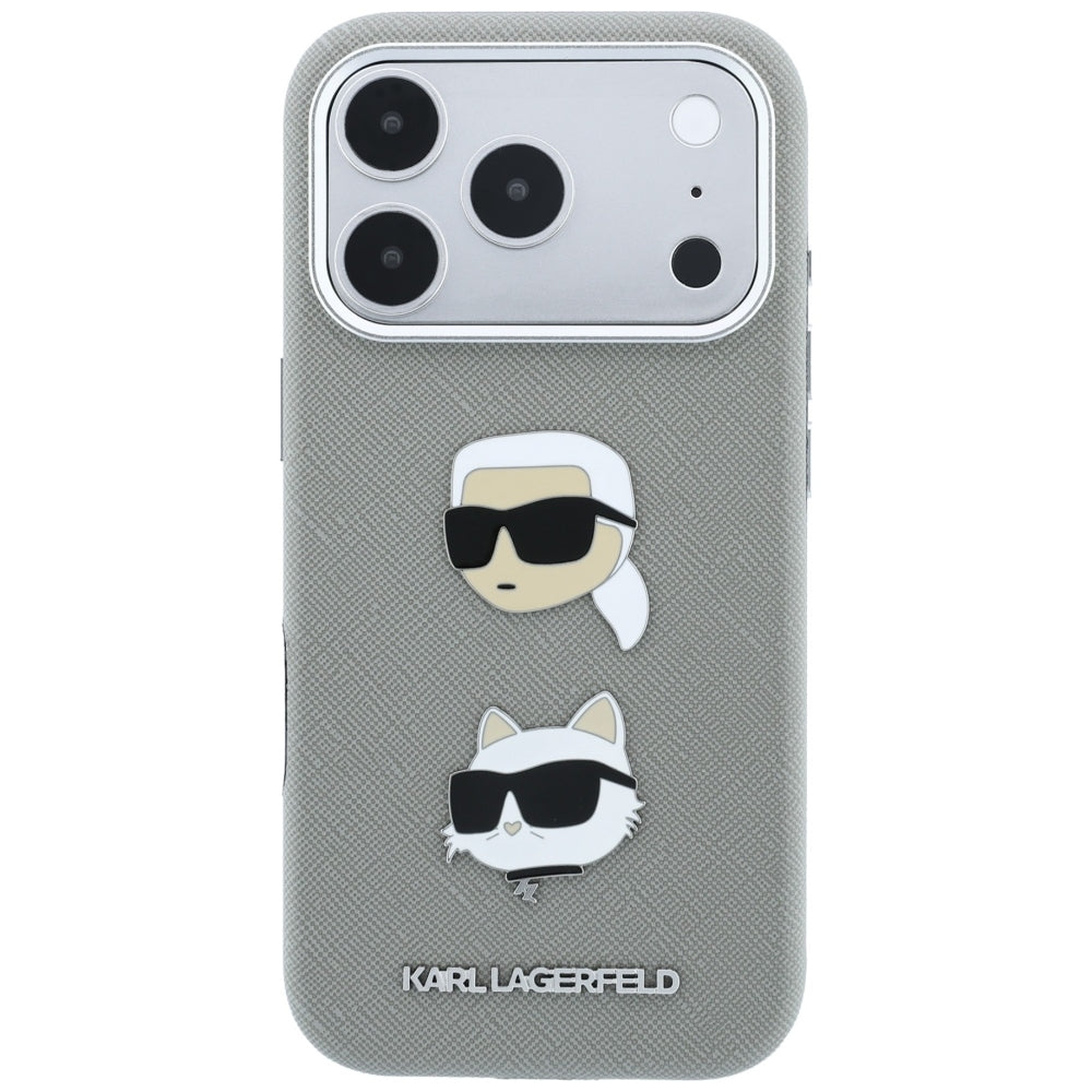 Maska za Apple iPhone 18 Pro Max / 17 Pro Max, Karl Lagerfeld, Saffiano s pribadačom s glavama Karla i Choupette te logotipom, siva
