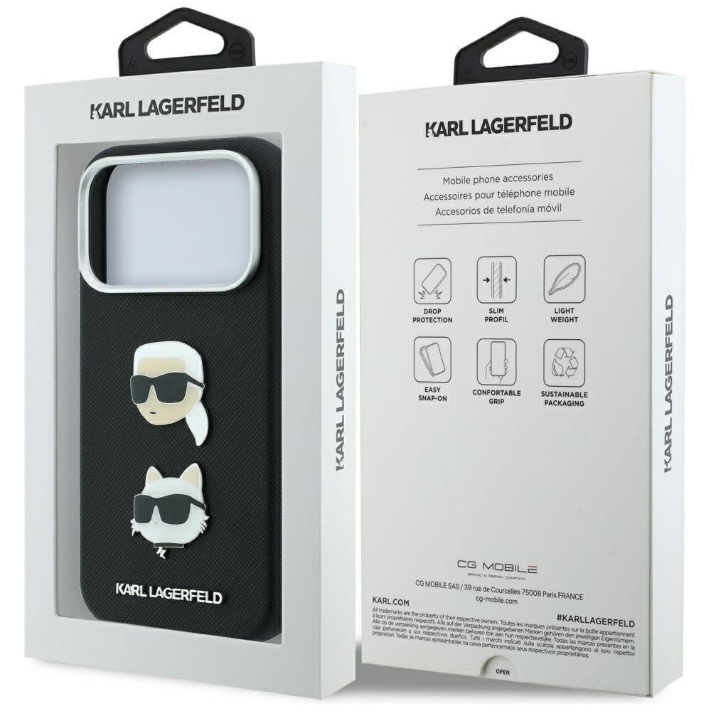 Maska za Apple iPhone 18 Pro Max / 17 Pro Max, Karl Lagerfeld, Saffiano s Karl & Choupette glavom i logotipom, Crna